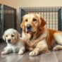 A golden retriever and a puppy on the floor surrounded by crates