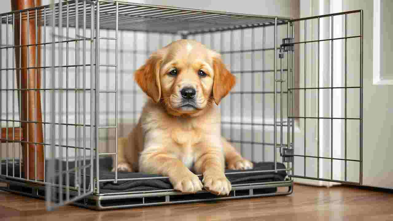 golden retriever puppy in a crate